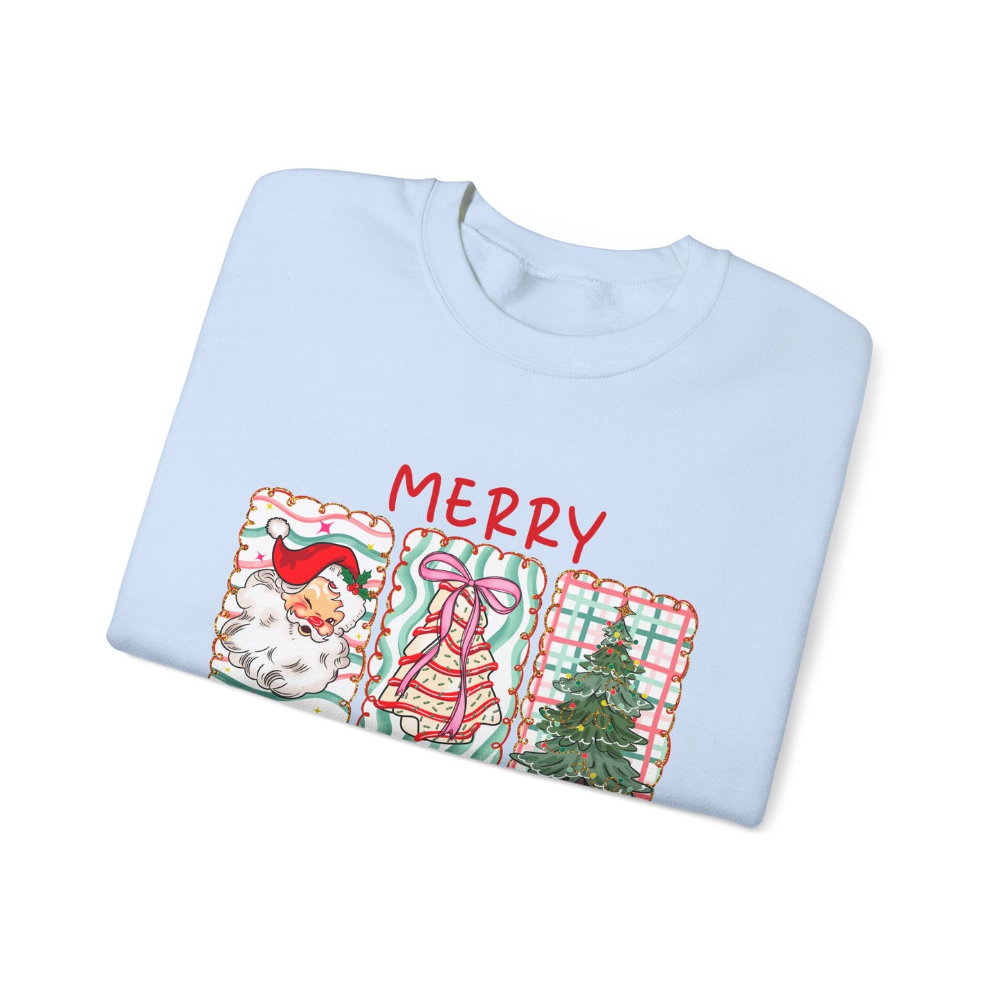Festive Merry Christmas Crewneck Sweatshirt with Santa, Tree, & Bow Art