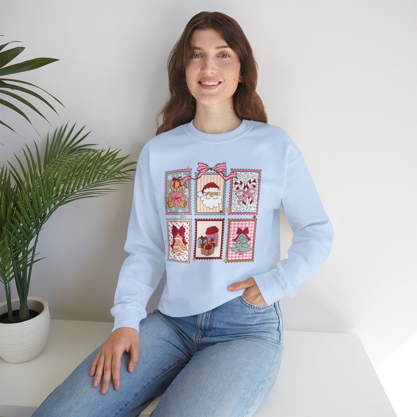 Retro Santa and Reindeer Christmas Stamp Festive Patchwork Holiday Block Sweatshirt