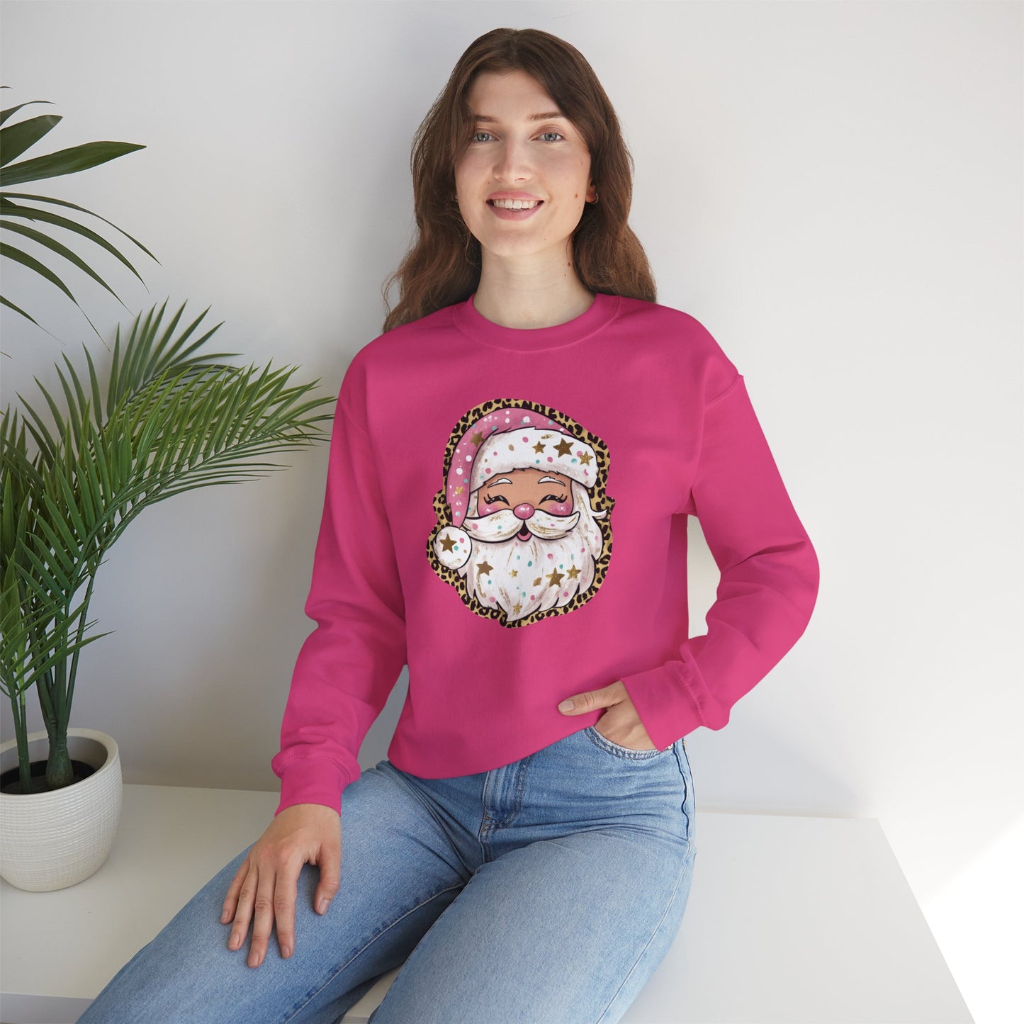 Sassy Pink Santa Head with Leopard Print Hat Christmas Sweatshirt