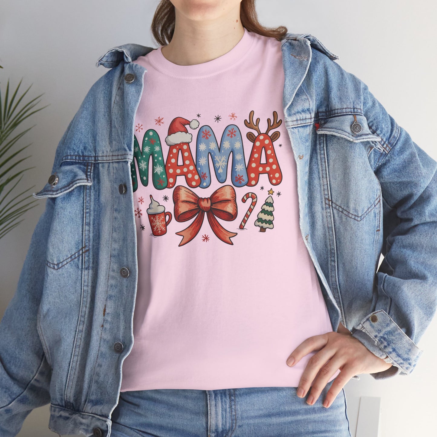 Cute Holiday MAMA Shirt | With Santa Hat, Bow, and Christmas Tree Graphic