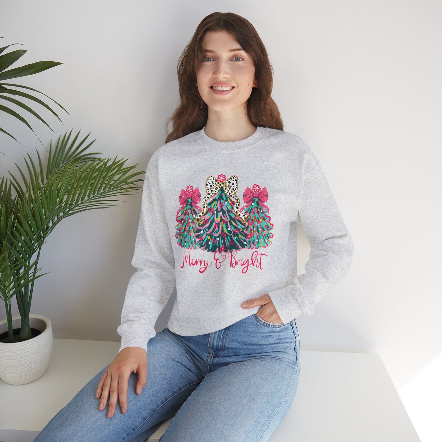 Merry & Bright' Sassy Fun Cheetah Print Bow Christmas Trees Sweatshirt