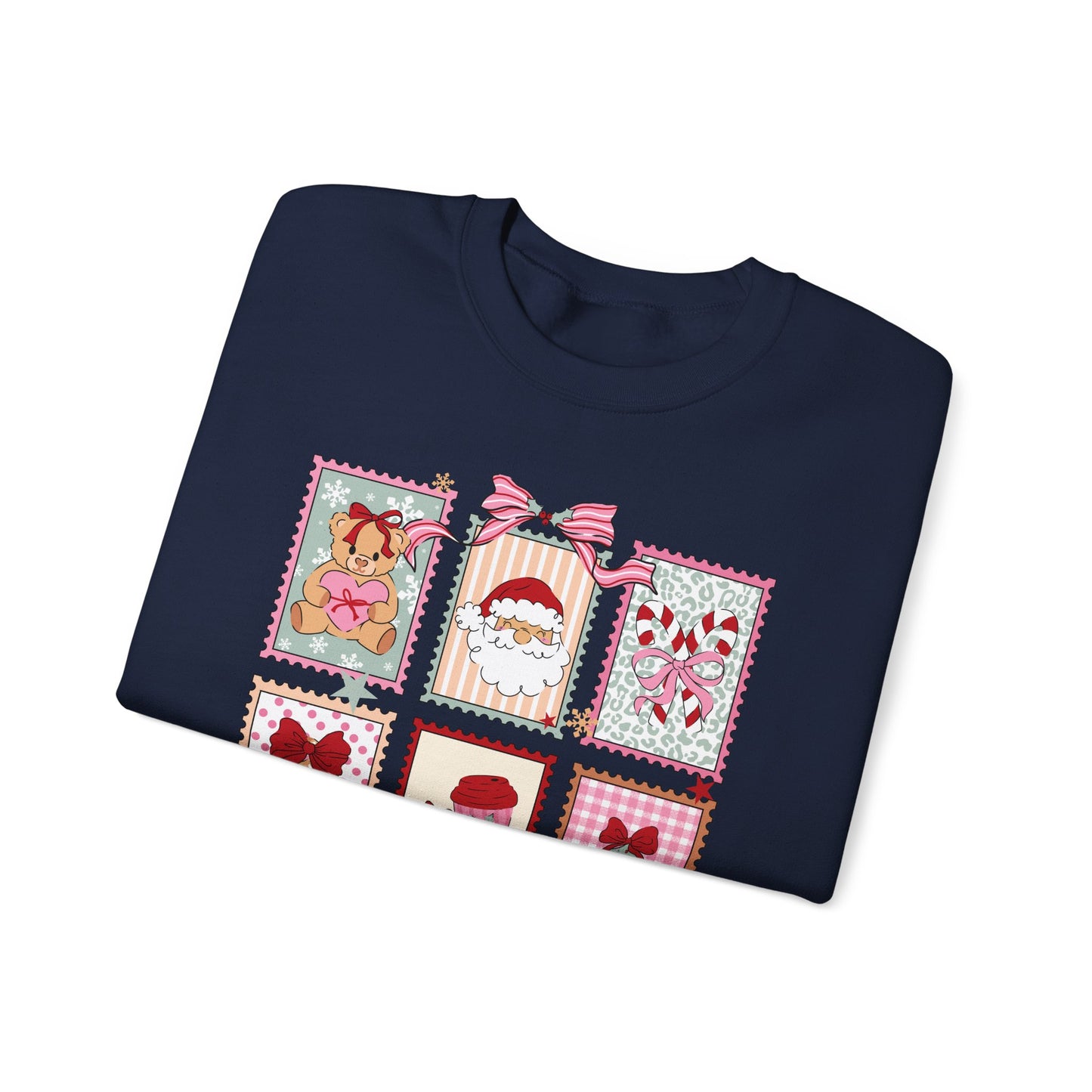 Retro Santa and Reindeer Christmas Stamp Festive Patchwork Holiday Block Sweatshirt