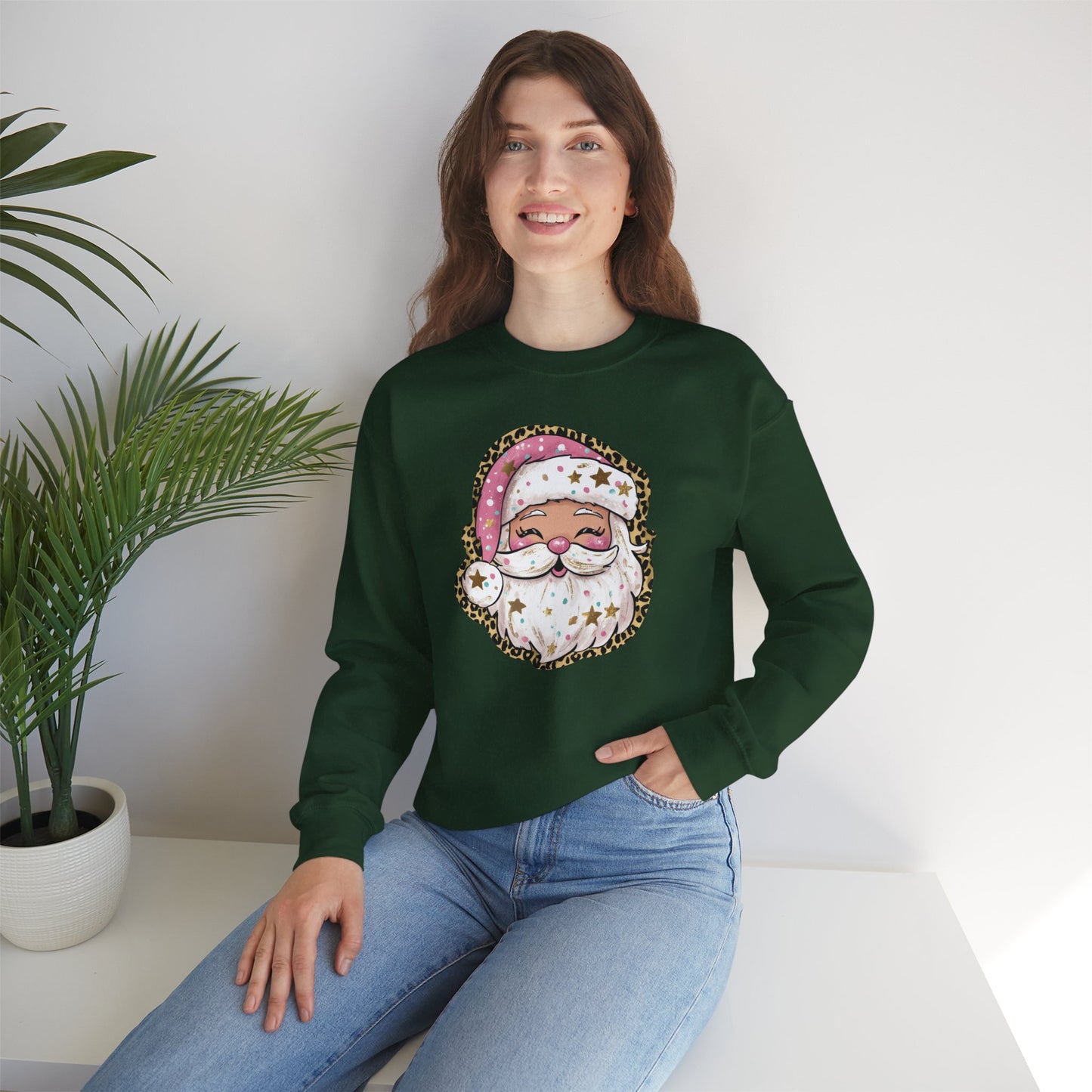 Sassy Pink Santa Head with Leopard Print Hat Christmas Sweatshirt
