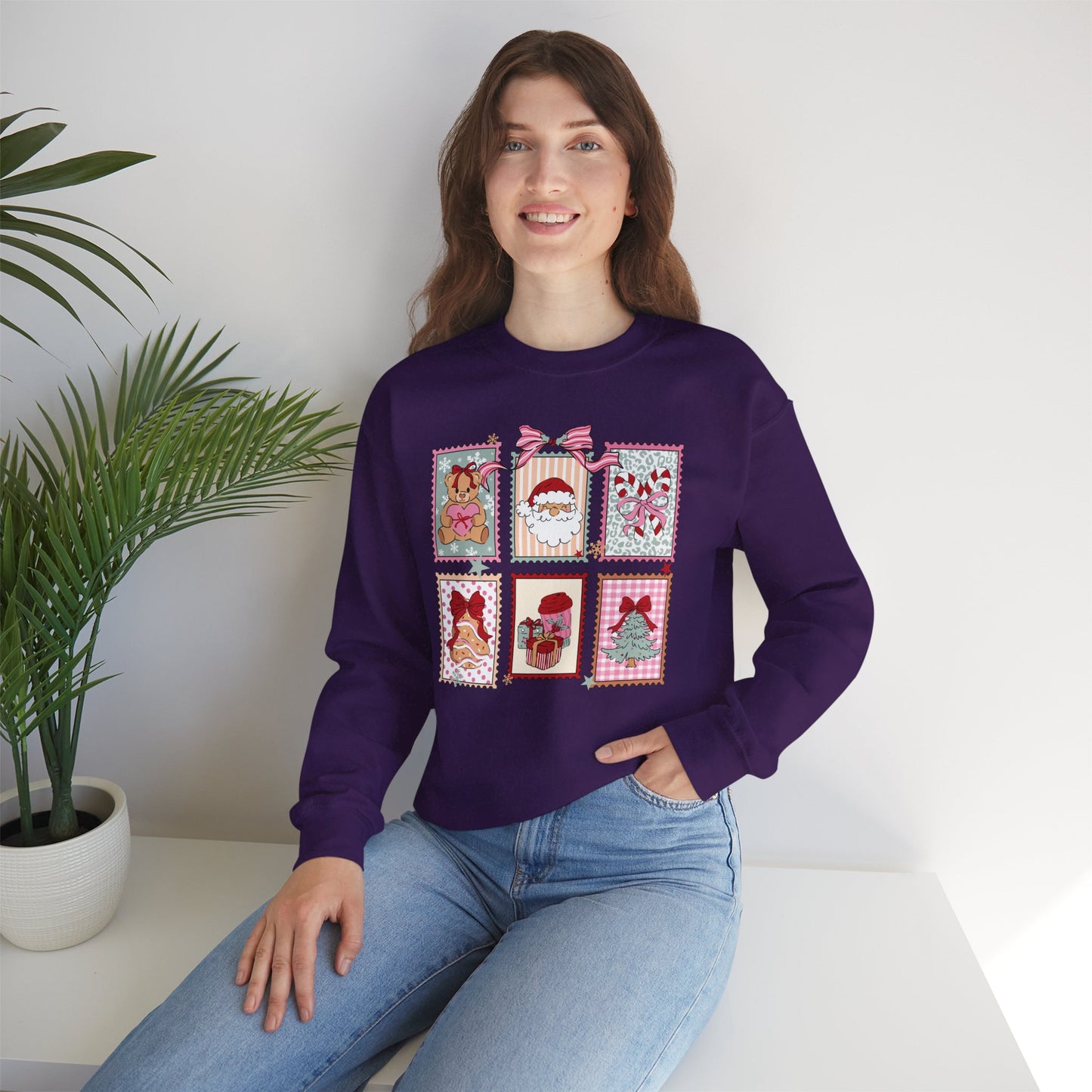 Retro Santa and Reindeer Christmas Stamp Festive Patchwork Holiday Block Sweatshirt