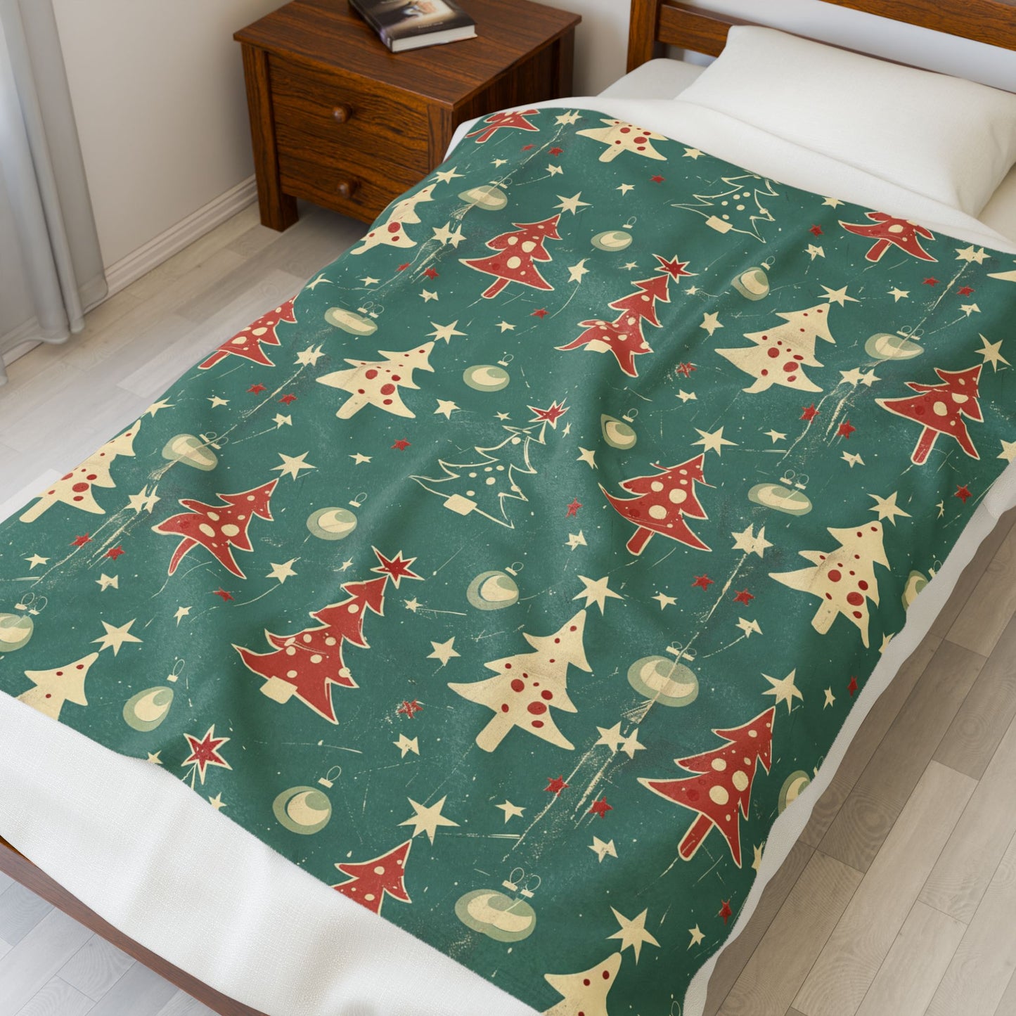 The "Retro Holiday Hug" Cozy Christmas Blanket - Teal & Red Tree Print for Mama's Snuggle Spot