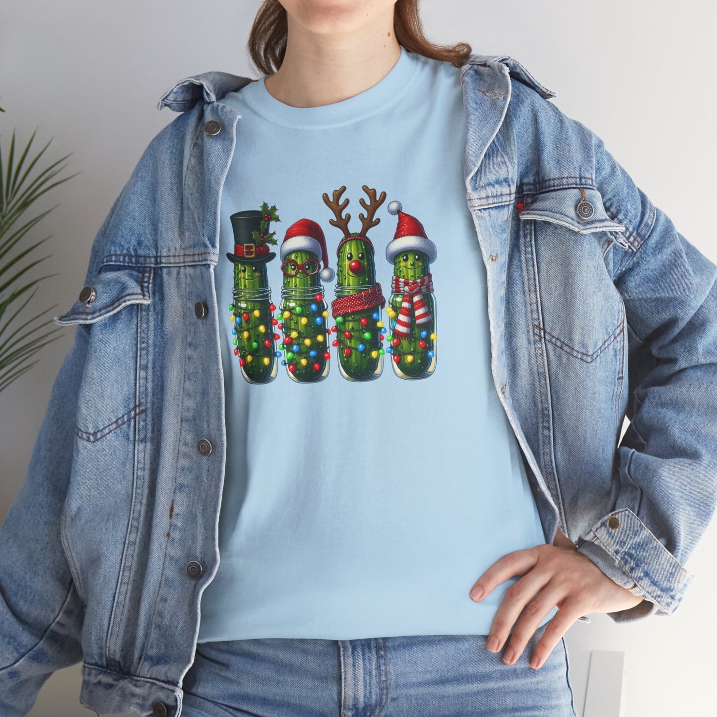 Funny Christmas Pickle T-Shirt | Festive Pickles with Lights and Hats Tee