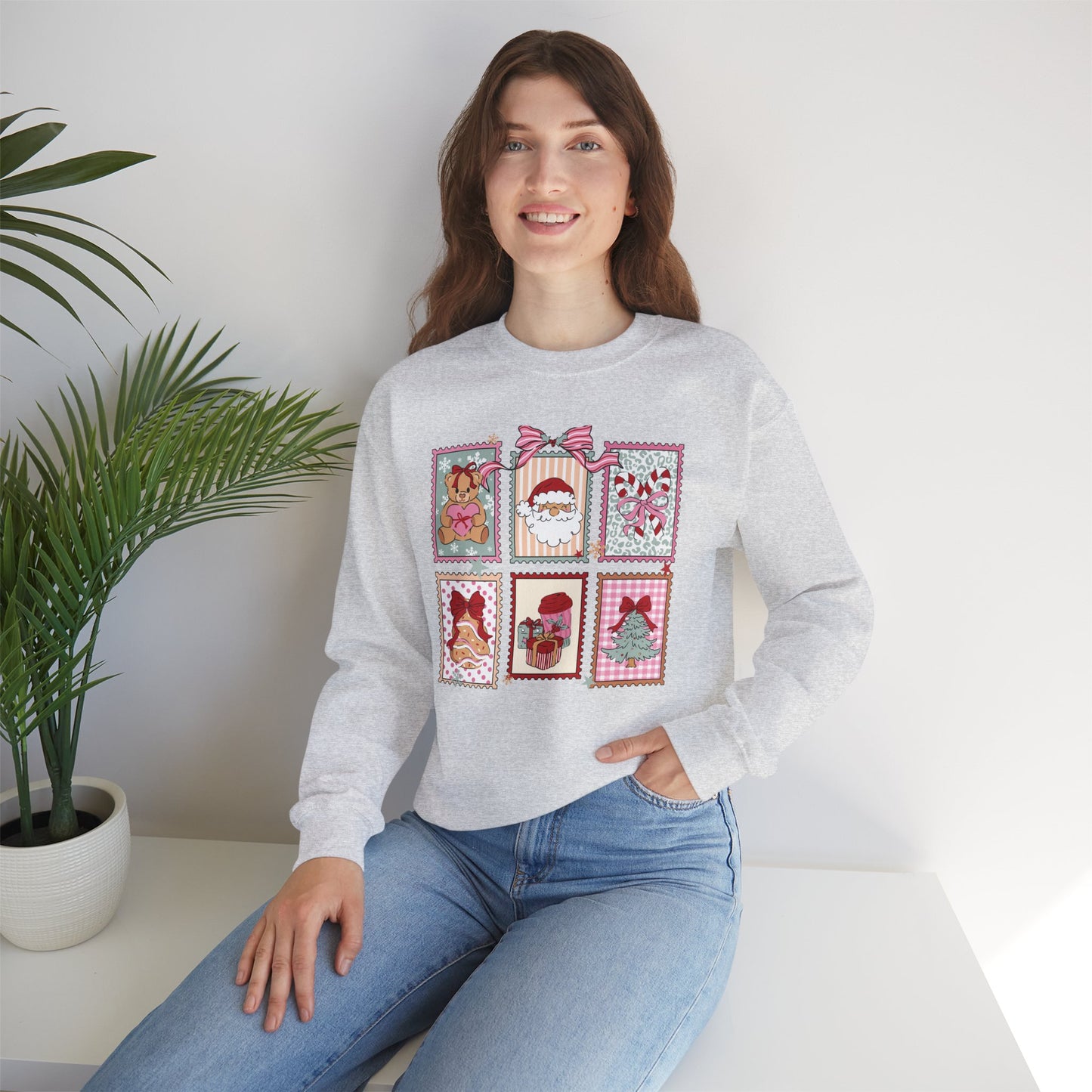 Retro Santa and Reindeer Christmas Stamp Festive Patchwork Holiday Block Sweatshirt