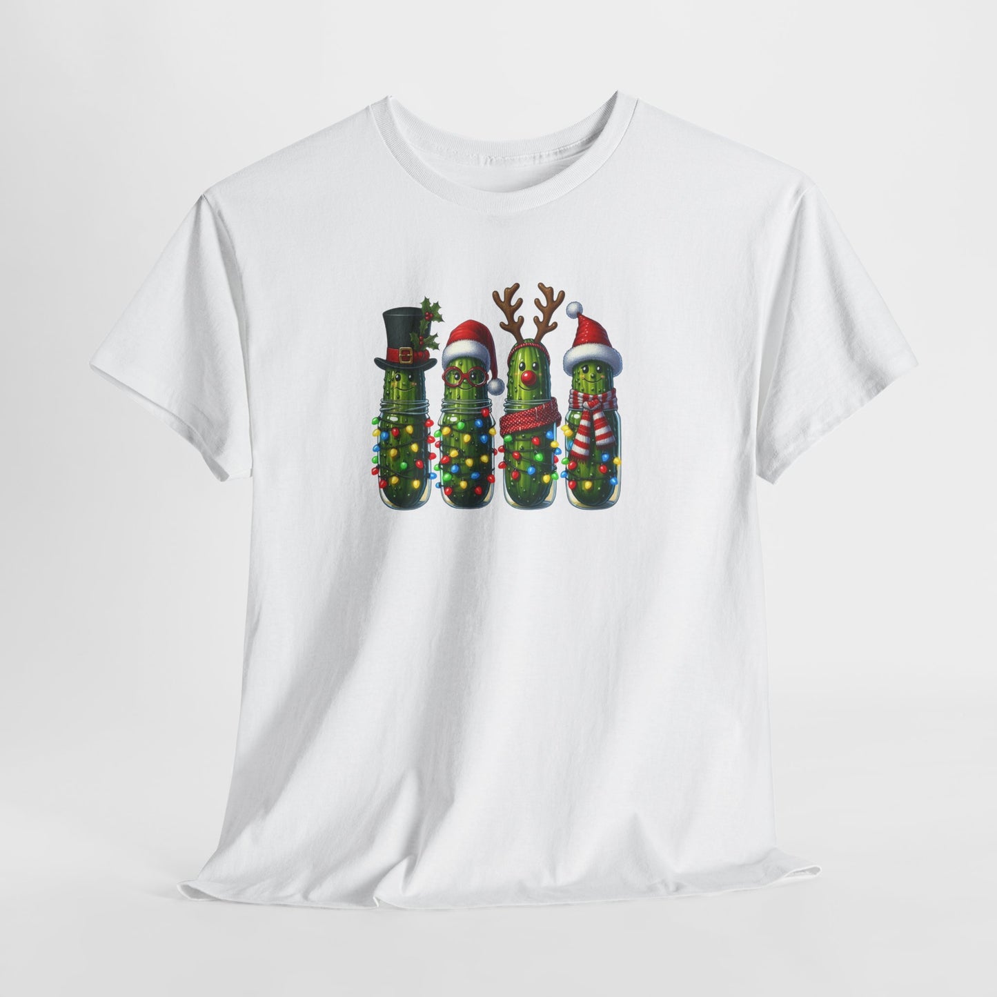 Funny Christmas Pickle T-Shirt | Festive Pickles with Lights and Hats Tee