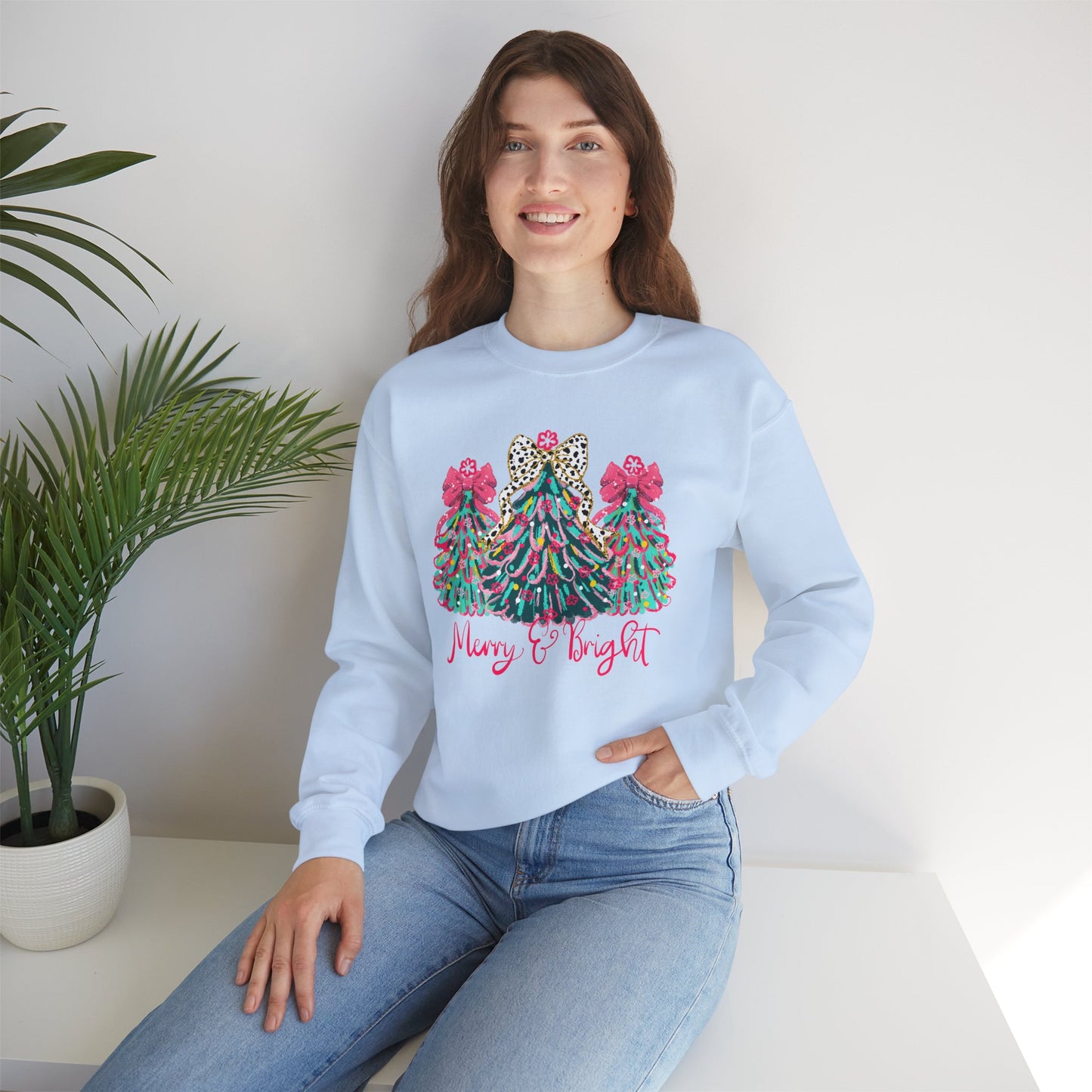 Merry & Bright' Sassy Fun Cheetah Print Bow Christmas Trees Sweatshirt