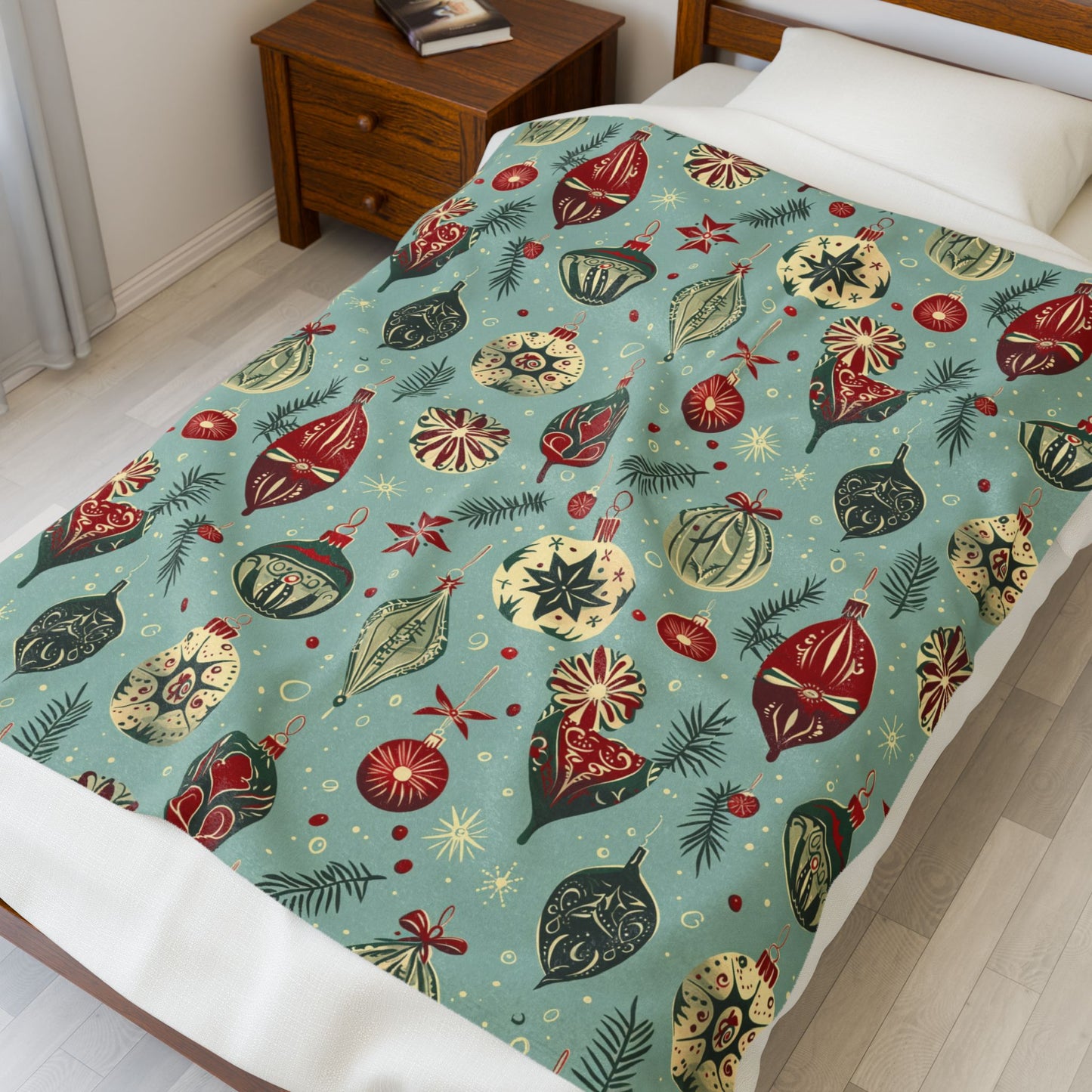 The "Retro Refresh" Holiday Cozy Throw Blanket - Mint & Red Ornament Pattern