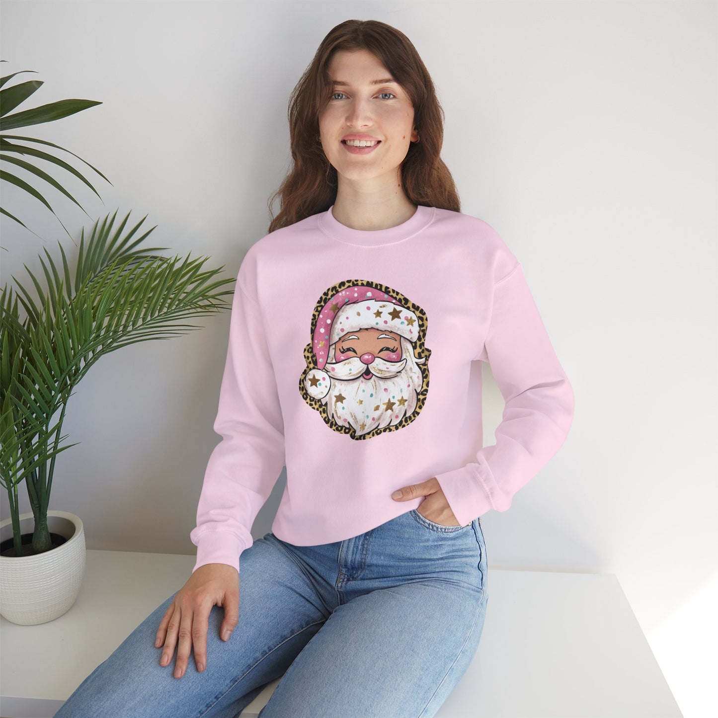 Sassy Pink Santa Head with Leopard Print Hat Christmas Sweatshirt