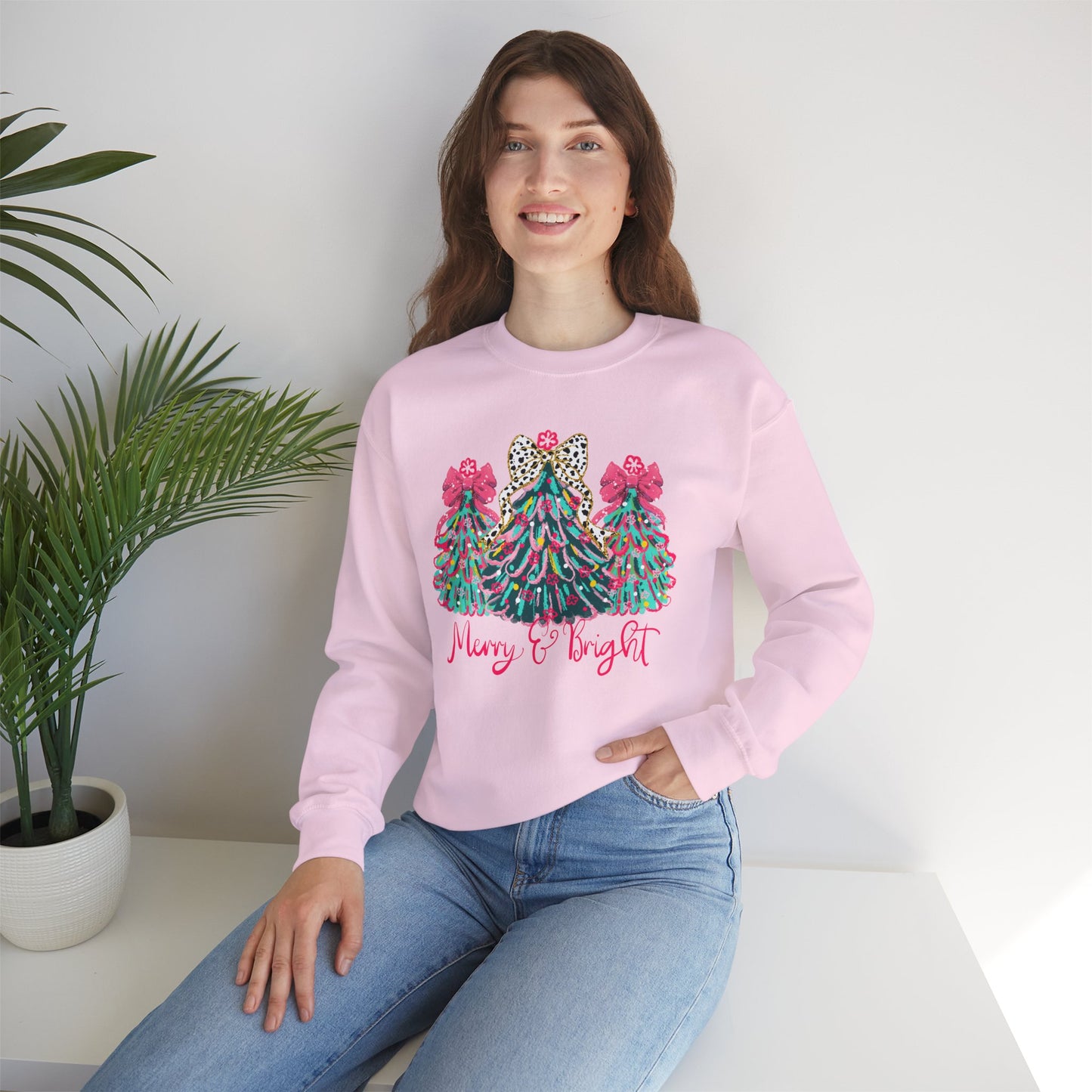 Merry & Bright' Sassy Fun Cheetah Print Bow Christmas Trees Sweatshirt