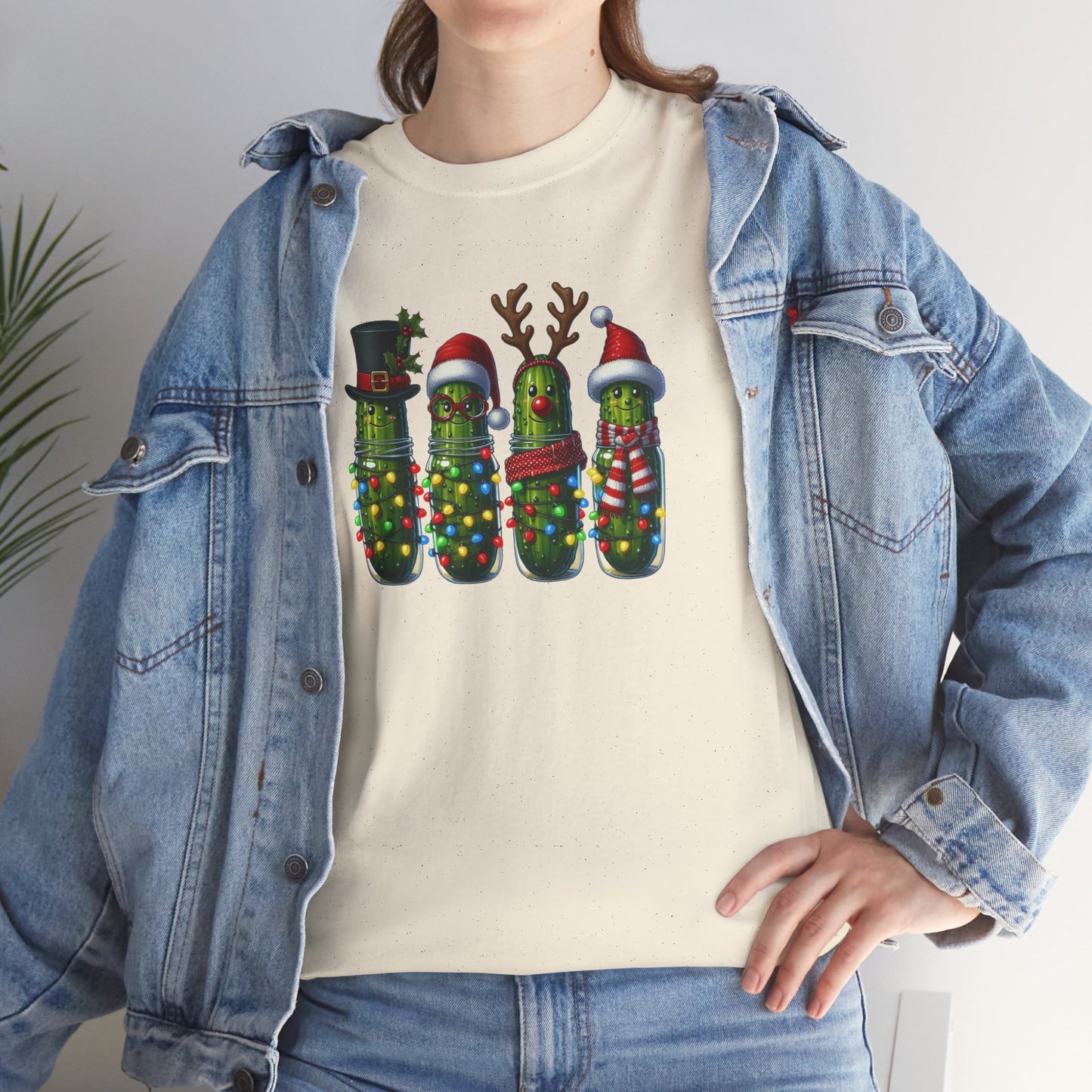 Funny Christmas Pickle T-Shirt | Festive Pickles with Lights and Hats Tee