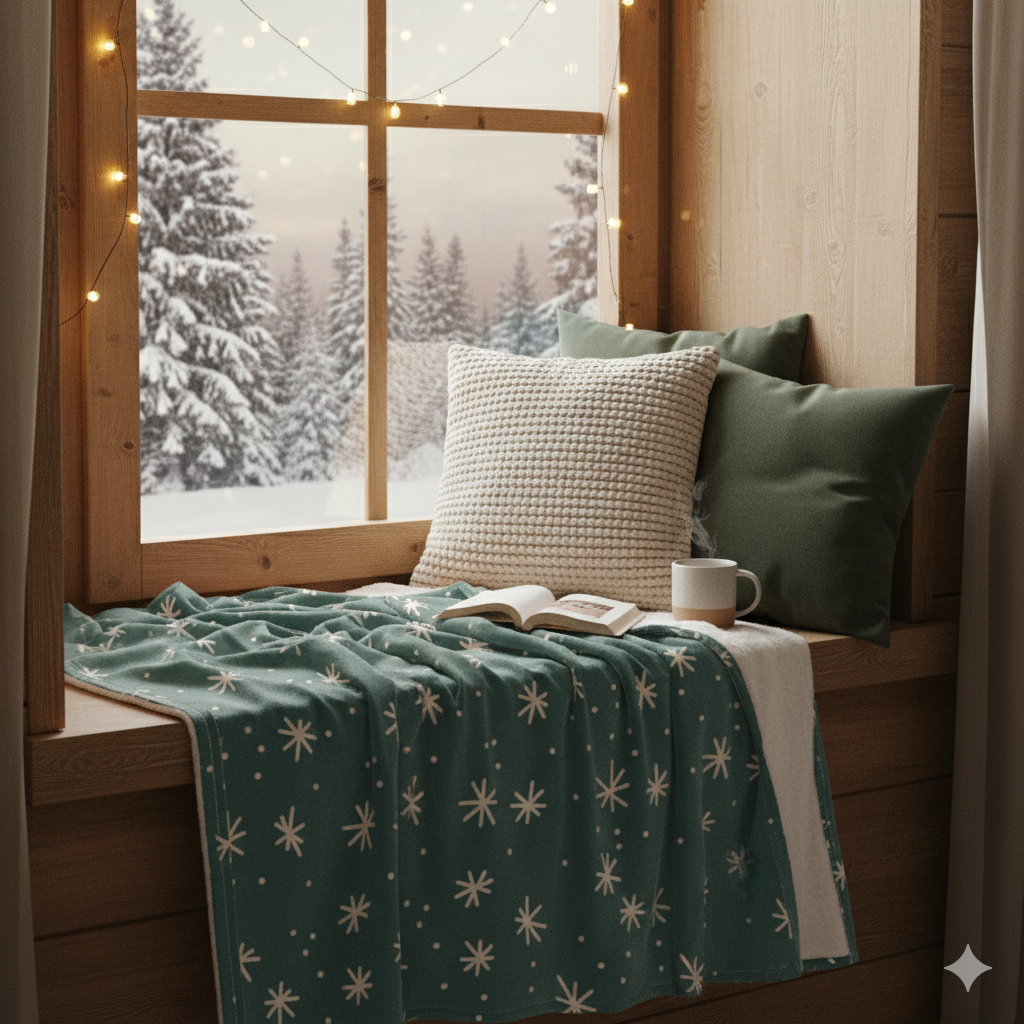 Quiet Winter Snowflake Pattern Blanket - Soft Teal Green & Cream
