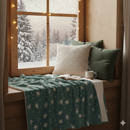 Quiet Winter Snowflake Pattern Blanket - Soft Teal Green & Cream