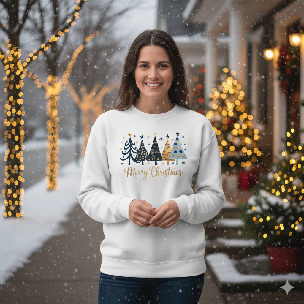 Merry & Bright Navy Gold Chic Holiday Christmas Tree Sweatshirt