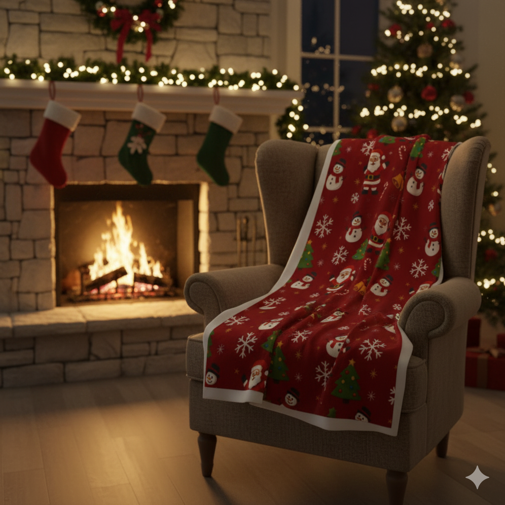 Red Santa and Snowman Pattern Plush Christmas Blanket - Festive Holiday Home Decor