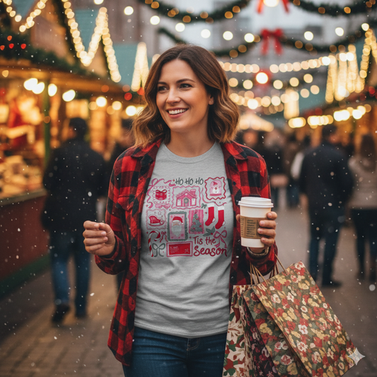 Vintage Christmas Stamp Collage T-Shirt | Ho Ho Ho Holiday Tee