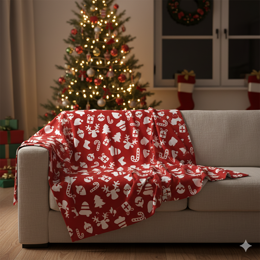 Classic Red & White Christmas Icons Fleece Festive Holiday Pattern Blanket