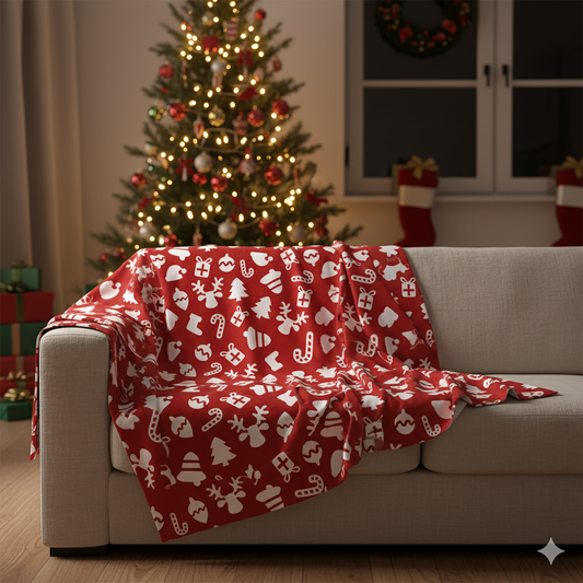 Classic Red & White Christmas Icons Fleece Festive Holiday Pattern Blanket