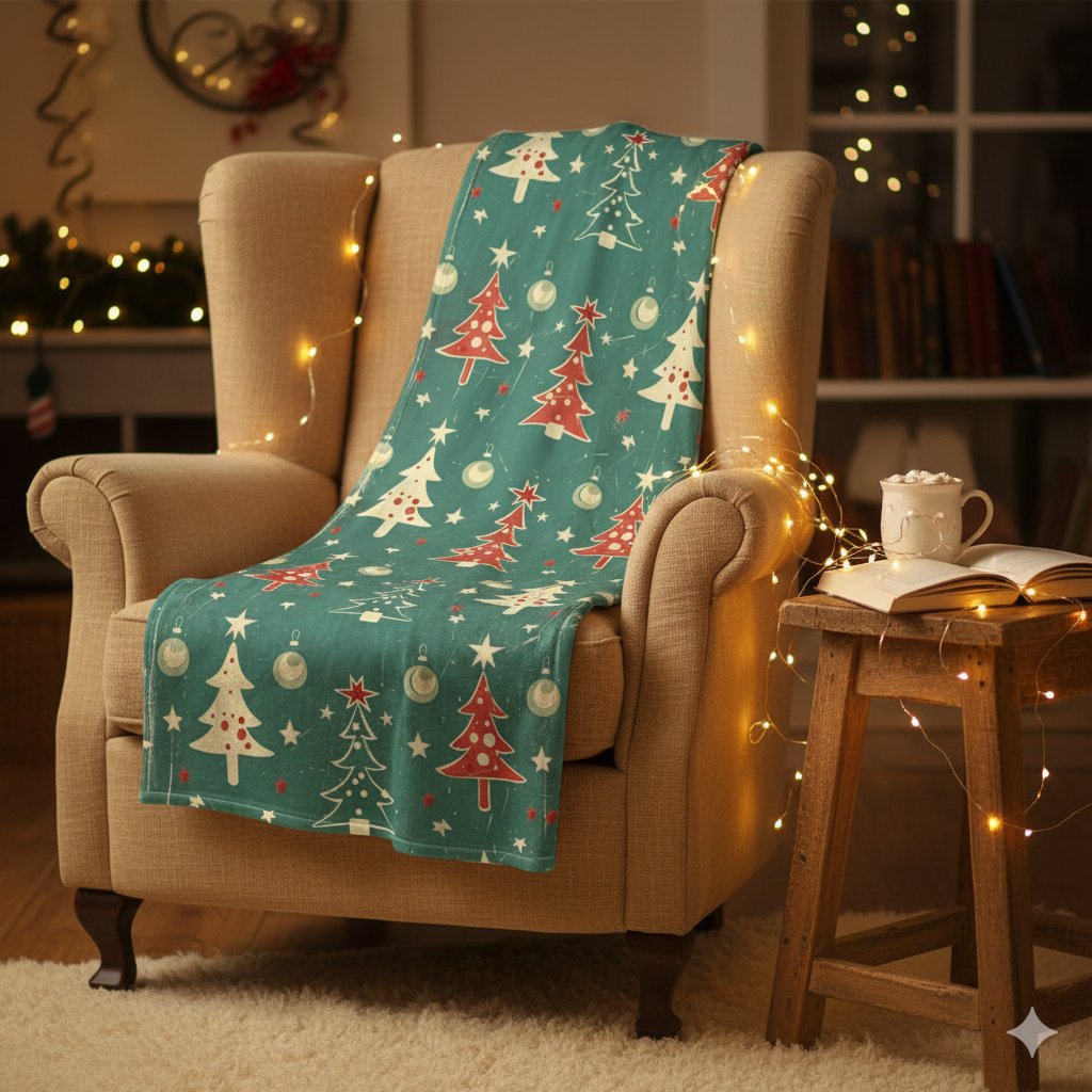 The "Retro Holiday Hug" Cozy Christmas Blanket - Teal & Red Tree Print for Mama's Snuggle Spot