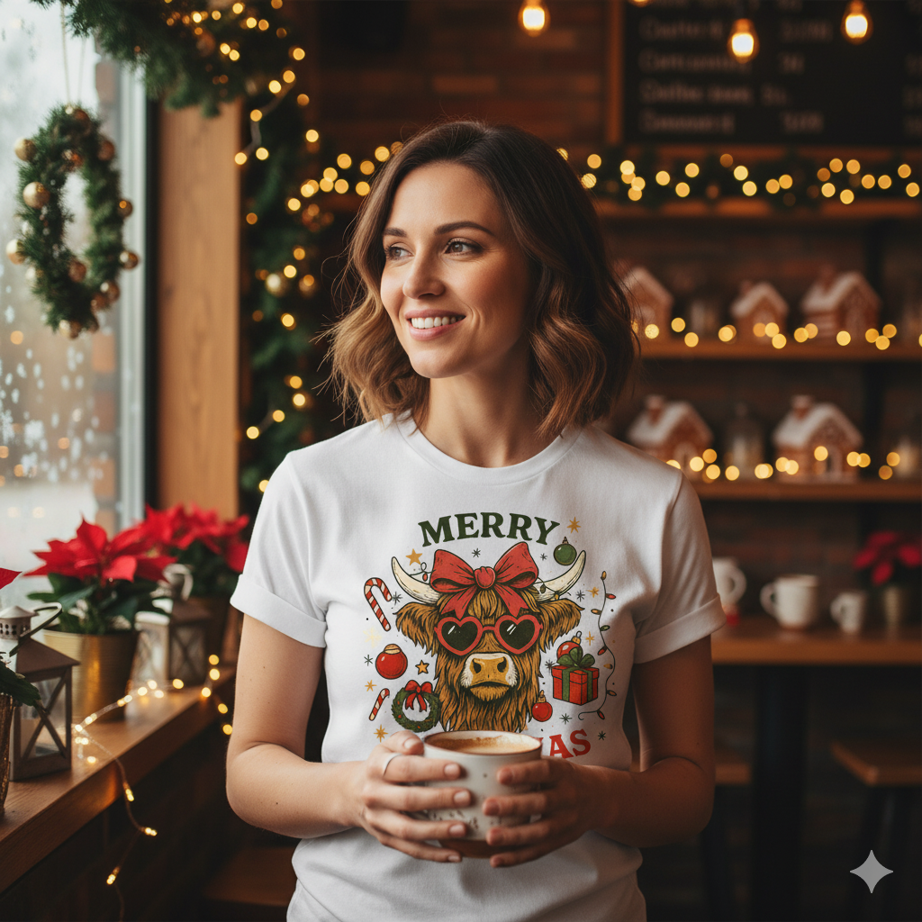 Cozy Highland Sassy Cow with Bow & Sunglasses Christmas Tee