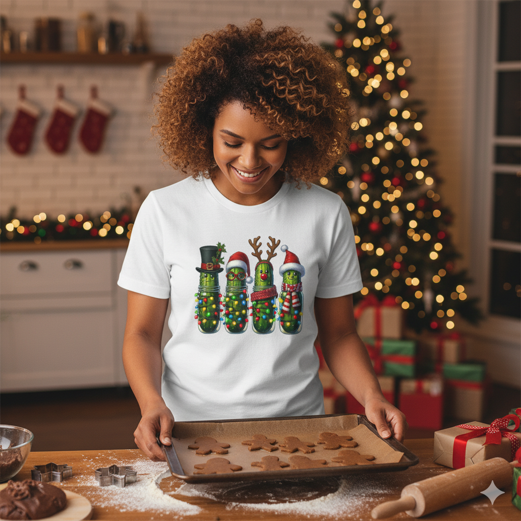 Funny Christmas Pickle T-Shirt | Festive Pickles with Lights and Hats Tee