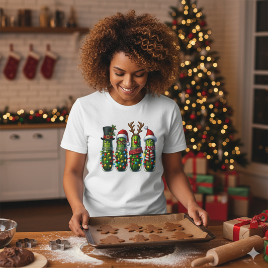 Funny Christmas Pickle T-Shirt | Festive Pickles with Lights and Hats Tee