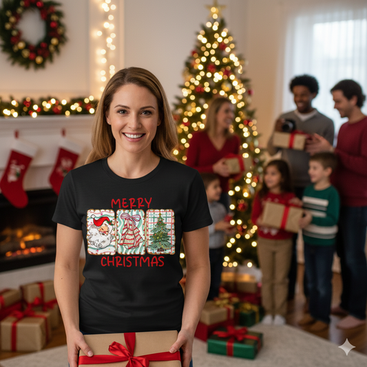 MERRY CHRISTMAS Grid T-Shirt | Santa, Tree, and Plaid Window Pane Tee