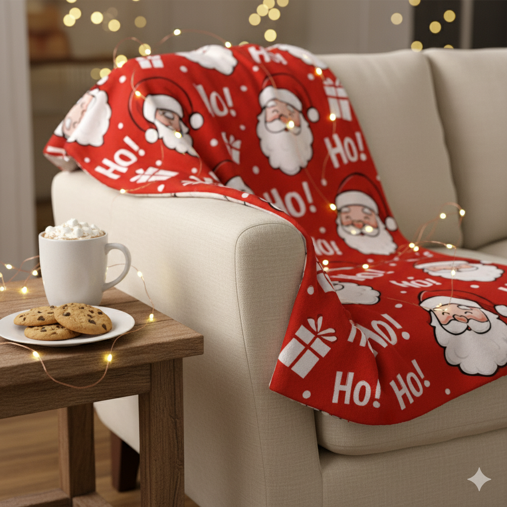 "Ho Ho Ho" Traditional Red Christmas Decor Santa Claus Print Blanket