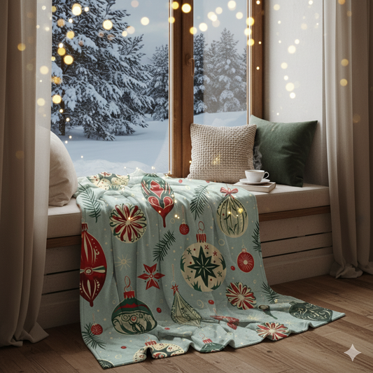 The "Retro Refresh" Holiday Cozy Throw Blanket - Mint & Red Ornament Pattern