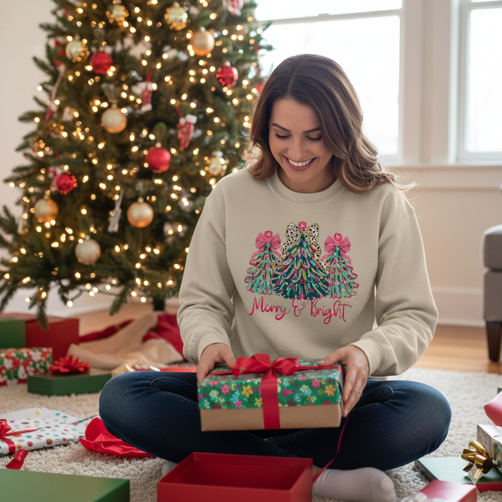 Merry & Bright' Sassy Fun Cheetah Print Bow Christmas Trees Sweatshirt